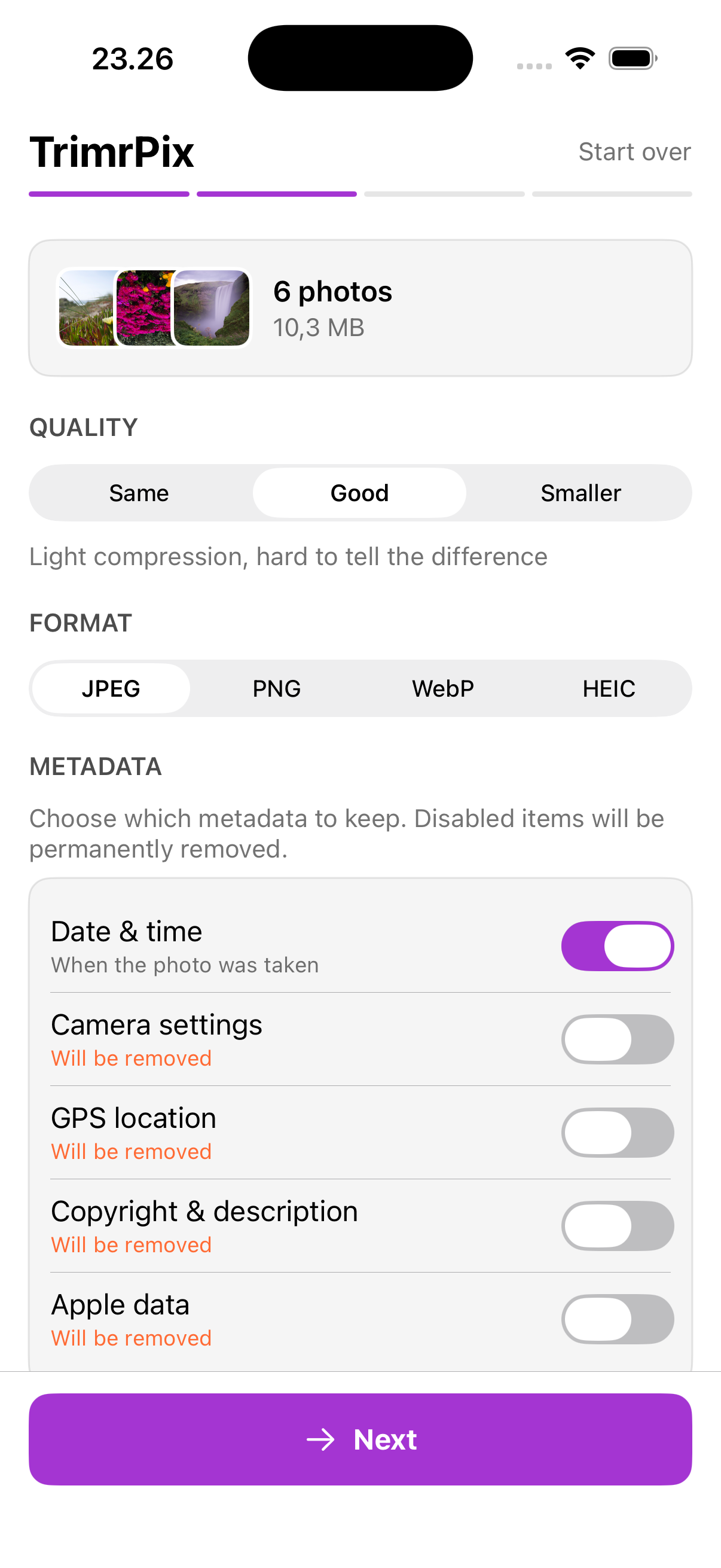 TrimrPix configure quality and format