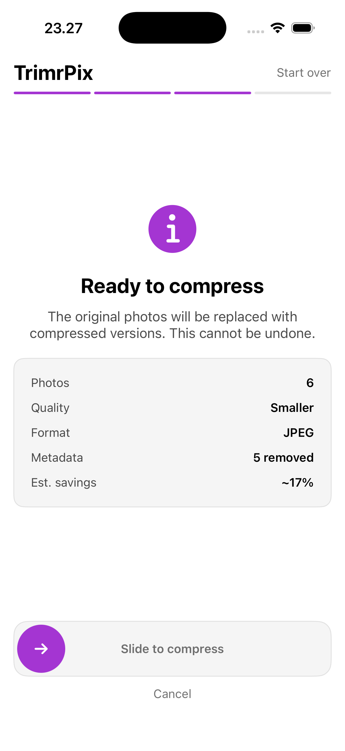 TrimrPix confirm compression with slide gesture