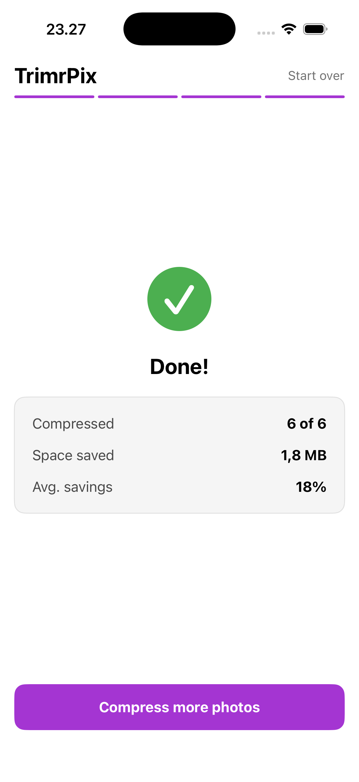 TrimrPix compression results showing space saved