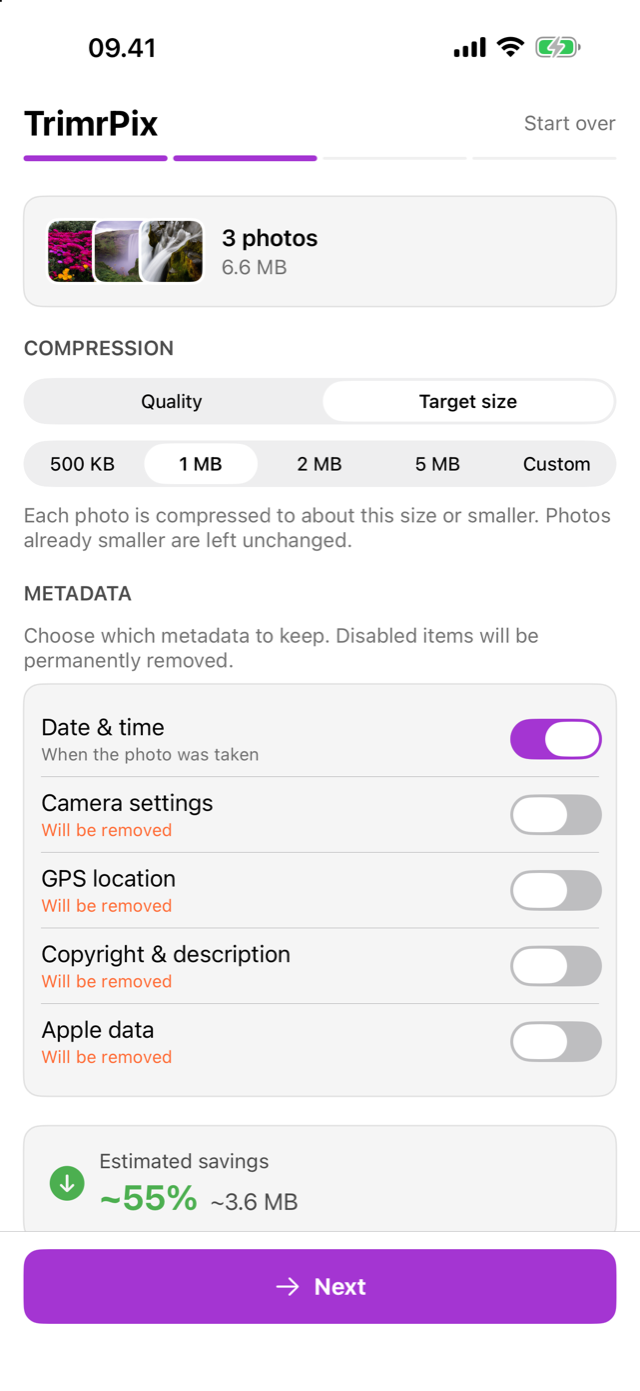 TrimrPix configure screen showing quality and target size modes, metadata switches, and an estimated saving of 55 percent